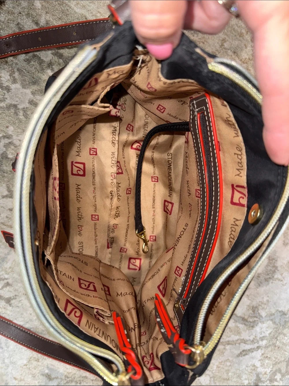 Stone Mountain Black Crossbody Bag with Red-orange and gold Trim Accents. New!